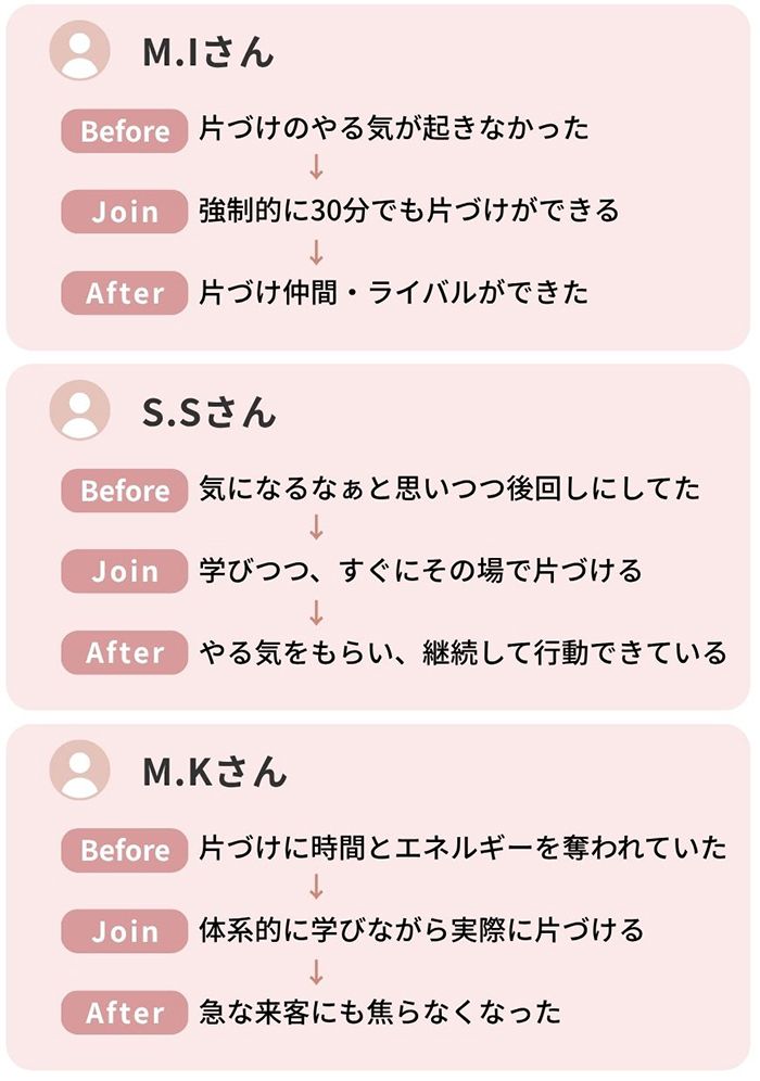 「片づけのやる気が起きなかった」
→ 片づけ仲間・ライバルができた
「後回しにしてしまっていた」
→ 継続して行動できるようになった
「片づけに時間とエネルギーを奪われていた」
→ 散らかってもすぐ立て直せるようになった