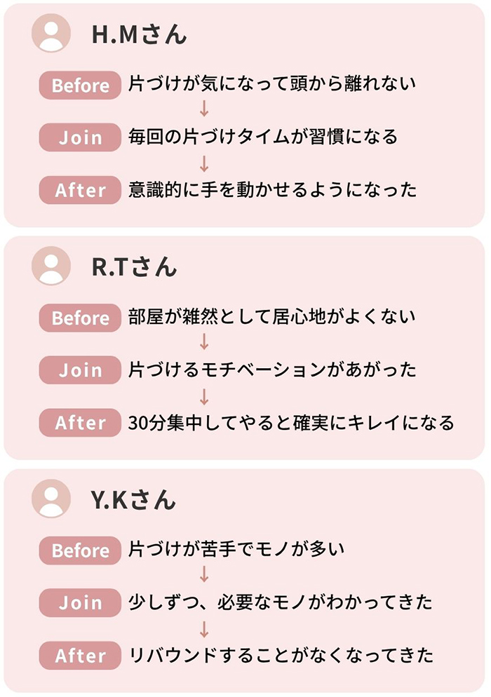 「片づけが気になって頭から離れない」
→意識的に手が動かせるようになった
「部屋が雑然として居心地がよくない」
→30分集中してやると確実にキレイになる
「片づけが苦手でモノが多い」
→リバウンドすることがなくなってきた